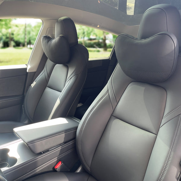 TESBEAUTY Car Headrest Pillow 2 Packs Genuine Nappa Leather for Model Y Model 3 Model X Model S Universal Fit Black - TESBEAUTY
