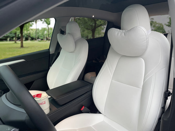 TESBEAUTY Car Headrest Pillow 2 Packs Genuine Nappa Leather For Model Y Model 3 Model X Model S Universal Fit White - TESBEAUTY